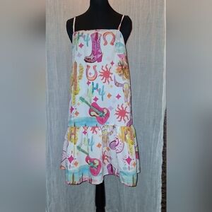 SHEIN White Multicolor Western Motif Spaghetti-Strap Midi Dress